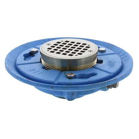 Jones Stephens 2in IPS Code Blue Floor Drain, 9in Pan, 4in Nickel Bronze Round Strainer, Height 3-1/4in - 4in D66687